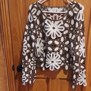POL Brown and White Floral Crochet Top